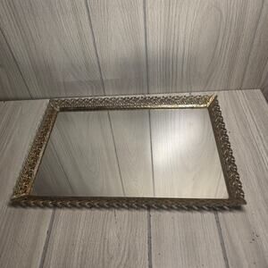 Vintage Fillagree Gold Tone Rectangle Mirrored Vanity Tray Trinket Display